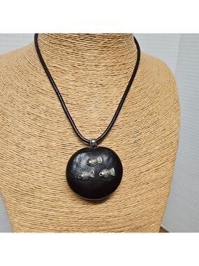 Ethnic Chocolate Brown Seed Pod with Silver Fish Accents Pendant Necklace